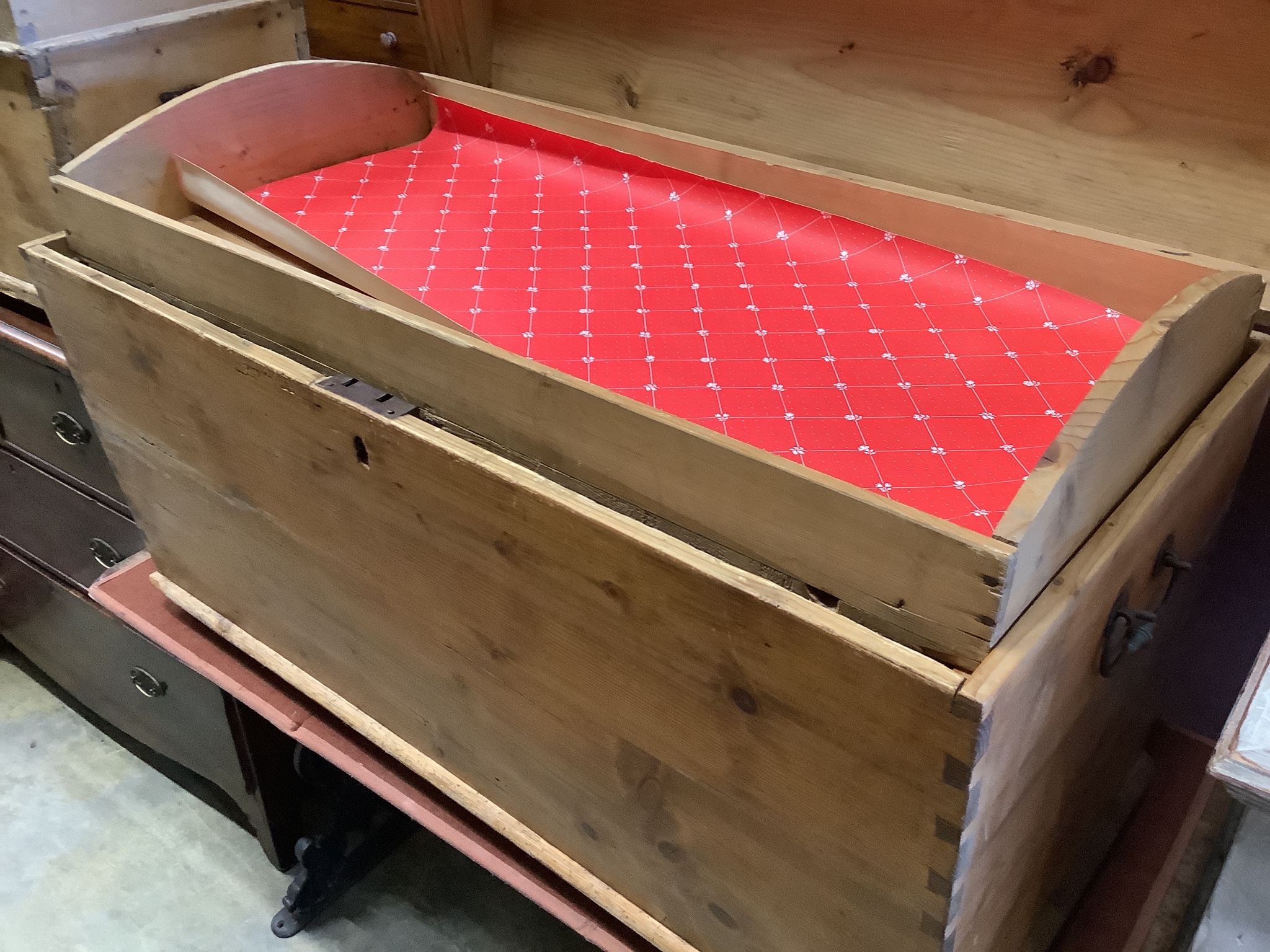 A 19th century Continental pine dome top trunk, length 98cm, width 54cm, height 58cm